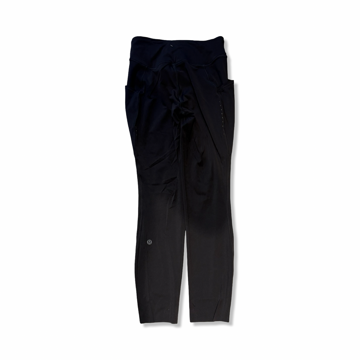 Svart träningstights från Lululemon i storlek L, fotograferade rakt framifrån mot en vit bakgrund.