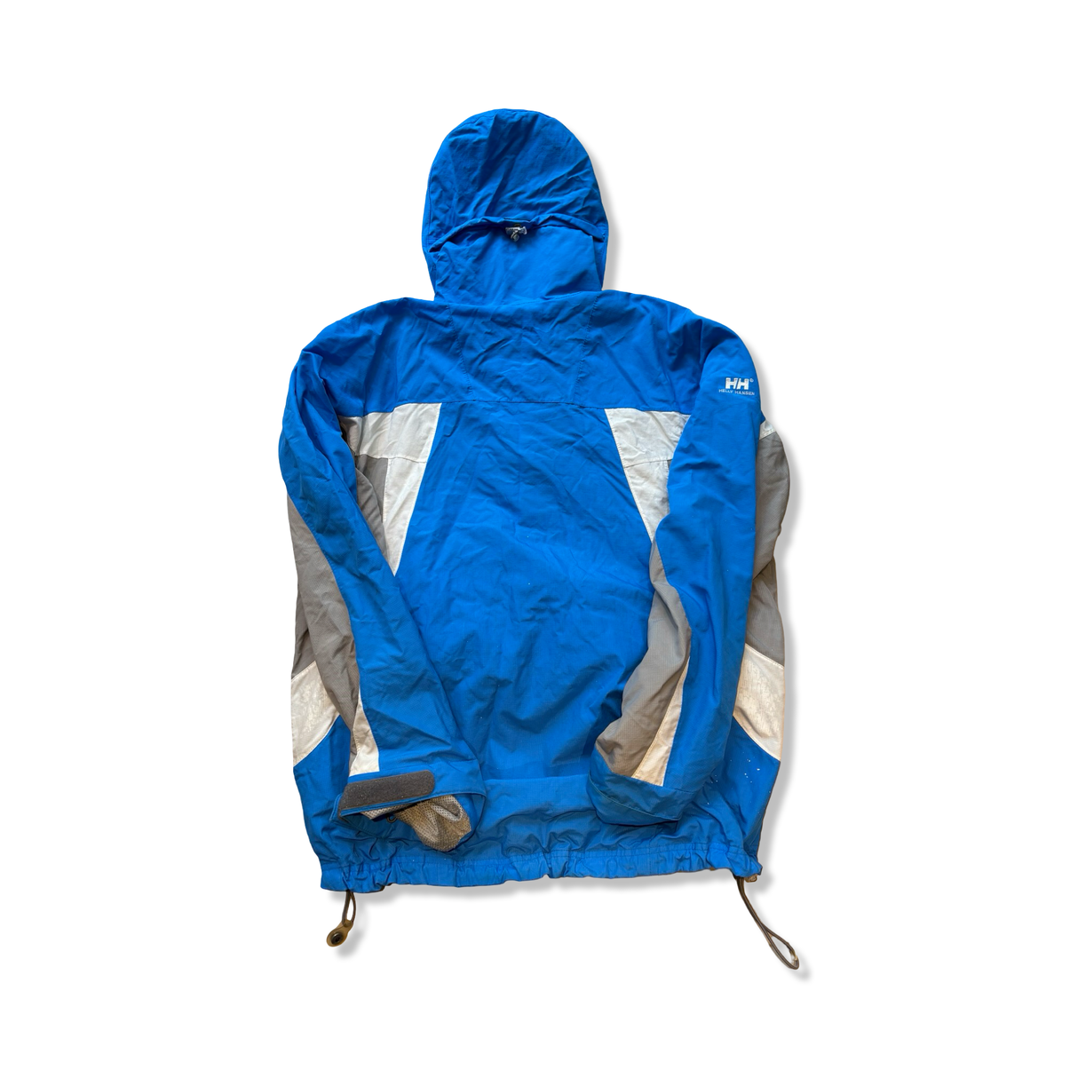 Blå Helly Hansen Helly Tech funktionsjacka för herr med vita och grå detaljer, sedd bakifrån på vit bakgrund.