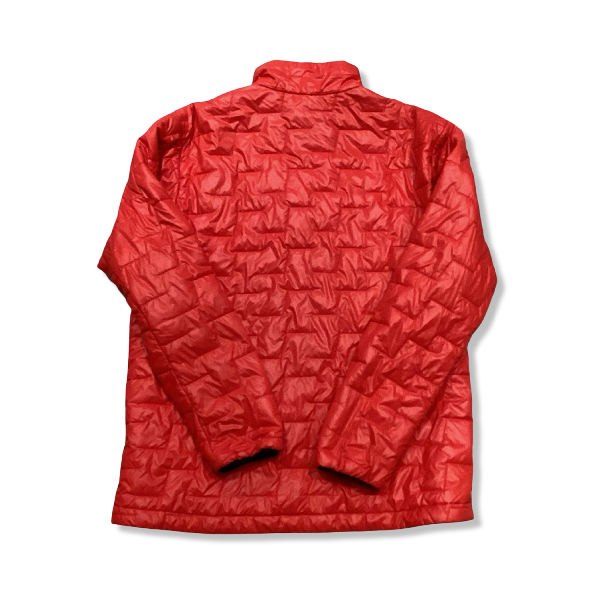 Baksidan av en röd syntetjacka från Helly Hansen för herr, fotograferad mot en vit bakgrund.