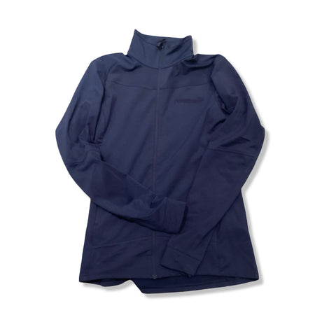 Blå träningströja Norröna falketind warm1 stretch jacket för dam med dragkedja, fotograferad framifrån mot en vit bakgrund.