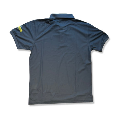 Baksidan av Fjällräven Crowley Pique Shirt för herr i blått, fotograferad platt mot en vit bakgrund.