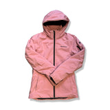 Rosa skidjacka Peak Performance Jr Anima Jacket för barn med huva, fotograferad framifrån mot vit bakgrund.