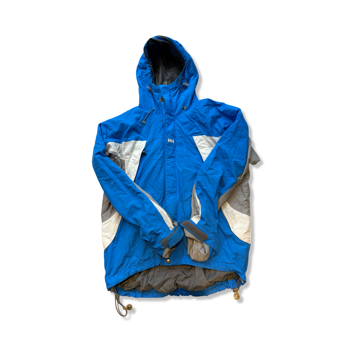 Blå Helly Hansen Helly Tech funktionsjacka för herr med gråa och vita detaljer mot vit bakgrund.
