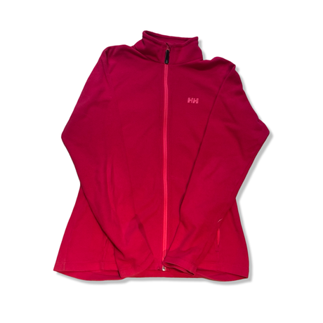 Rosa fleecetröja för dam från Helly Hansen med dragkedja och logotyp, fotograferad mot vit bakgrund.
