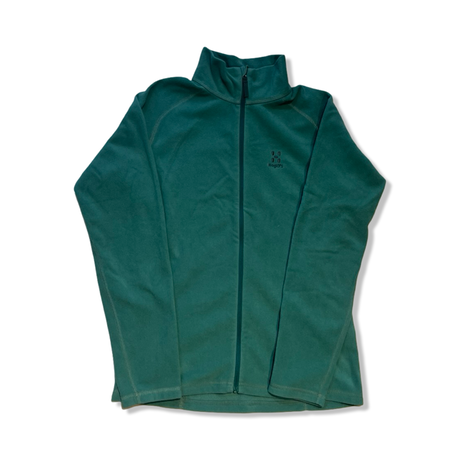 Grön Haglöfs Astro jacket fleecetröja för barn med hellång dragkedja, fotograferad mot vit bakgrund.