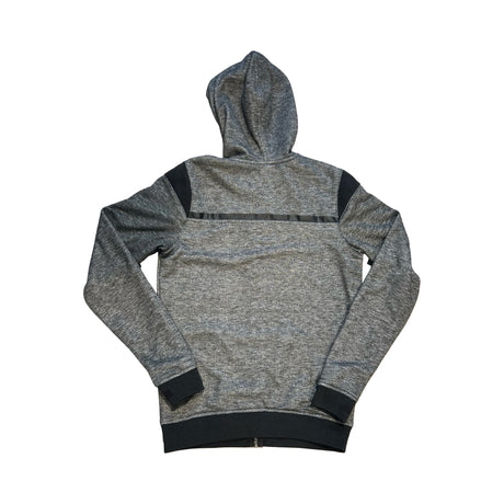 Baksidan av Timberland zip hoodie för unisex i gråmelerat med svarta detaljer.